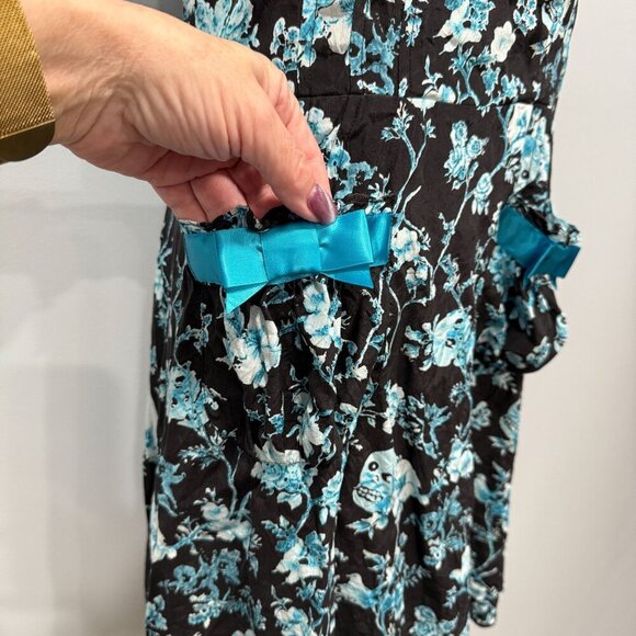 Betsey Johnson Silk Skull Floral Bird Print Dress Black Blue Whimsigoth Y2K SZ 8 - Picture 3 of 12